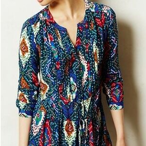 Anthropologie Maeve Women's Ikat Print Drawstring Waist Tunic Blouse, Multi,0